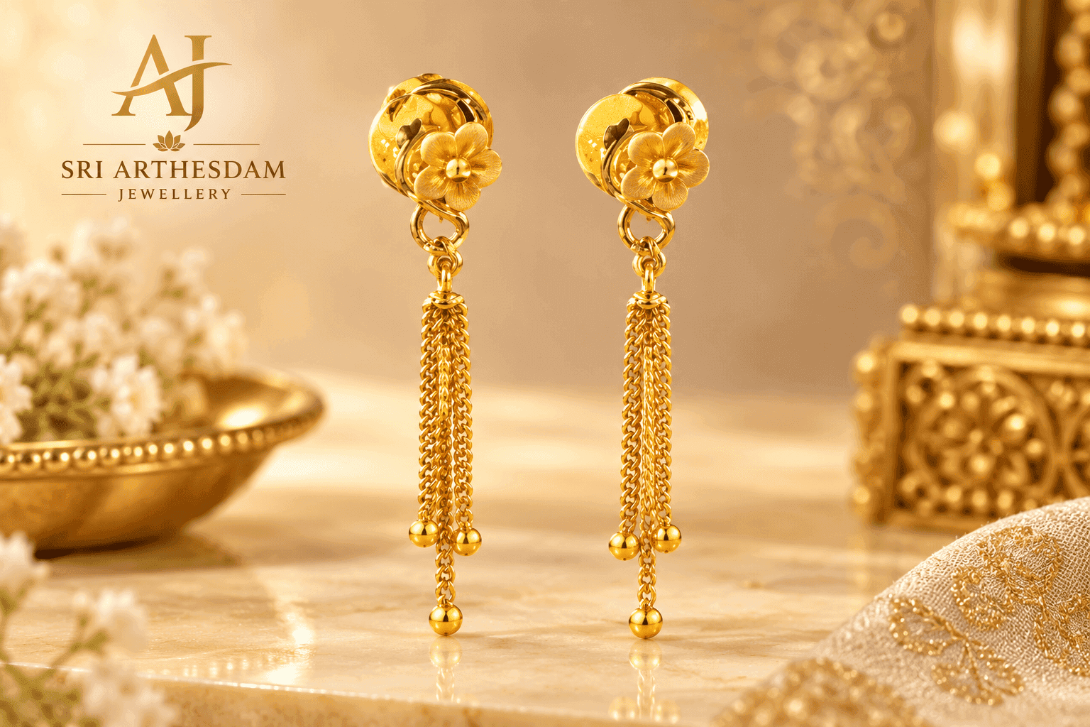 Floral Blossom Tassel Chain Gold Drop Earrings (தொங்கல்)