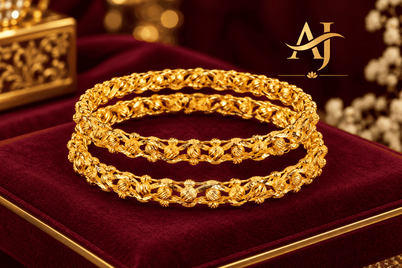 Traditional Gold Floral & Leaf Bangle Pair